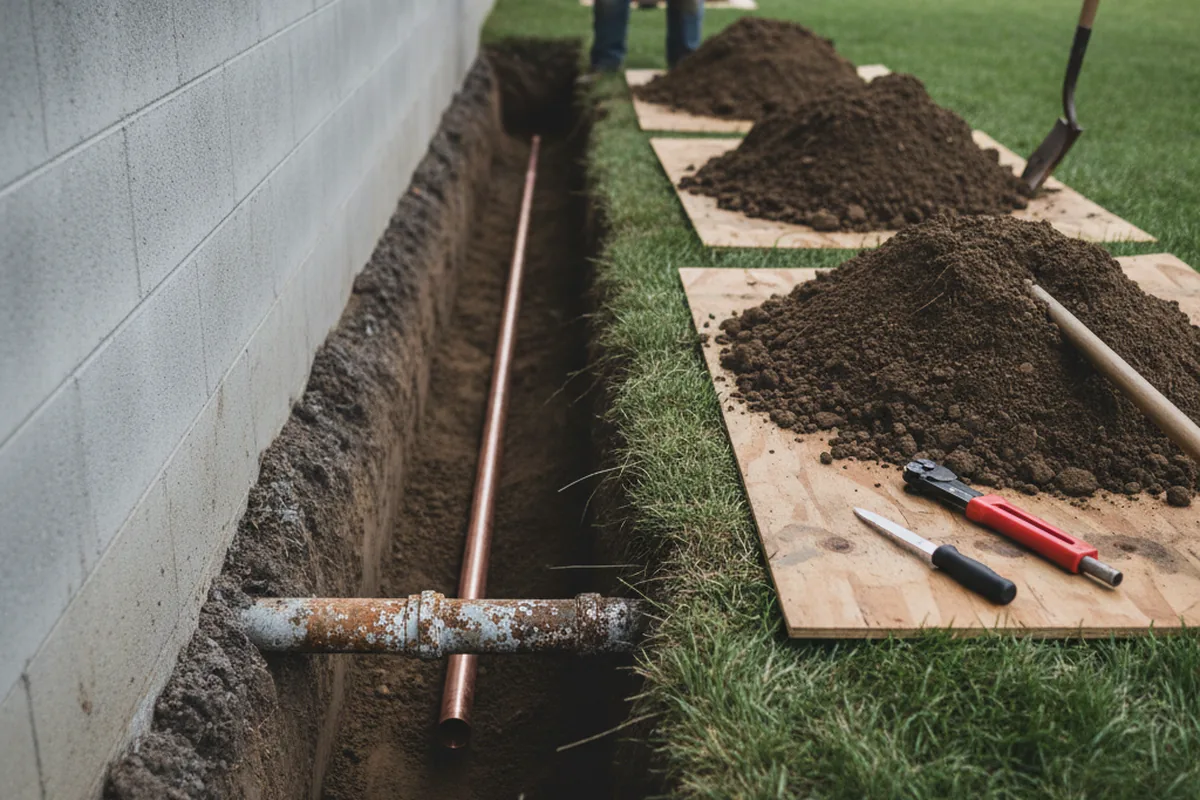 Excavated water line trench during Water Heater Repair in Hallsville